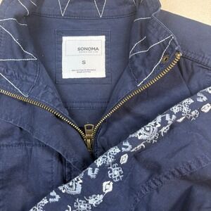 Sonoma Womens Structured Utility Jacket Sm Navy Embroidered Zip Up Boho-Chic